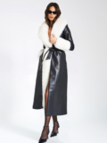 Zaida White Faux Fur Trim Black Vegan Leather Coat by Miss Circle